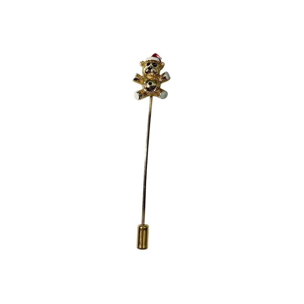 Vintage Gold Tone Teddy Bear Enamel Holiday Christmas Santa Hat Stick Pin